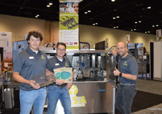 Marnix de Haan, Klaas Jan Spelt and Maikel van Wiggen with JASA Packaging Solutions proudly stand in front of the company's rotary filler for leafy greens. Happy birthday Marnix!